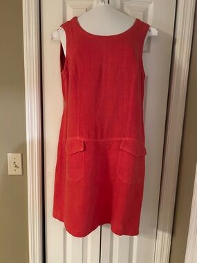 Sleeveless Coral-Red linen Dress with Front Flap Pockets